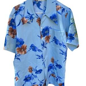 Paul Howard Vintage Floral Blue Brown Men's Shirt Made in California Large